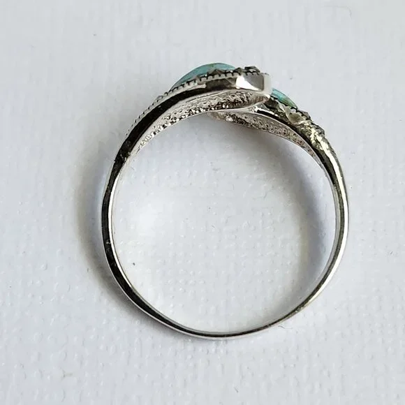 1990's Signed 925 Silver Classic Turquoise & Marcasite Ring Size 7 - Picture 7 of 12
